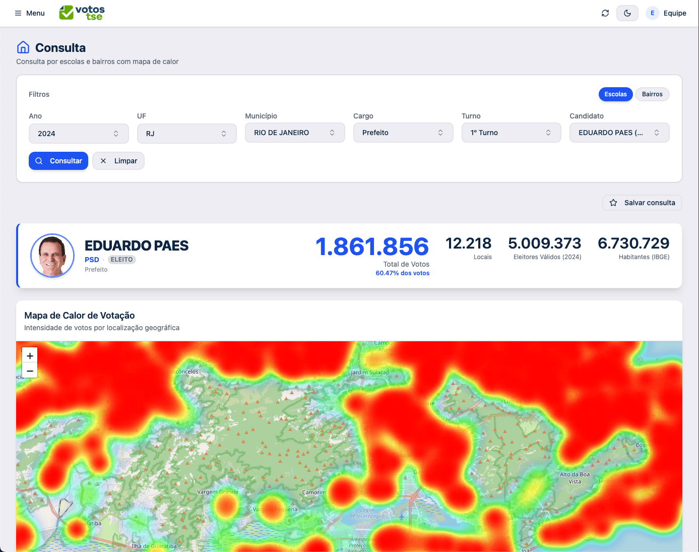 Dashboard da plataforma VotosTSE exibindo mapa de calor de votos em uma cidade